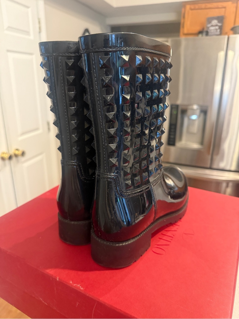 Valentino Garavani Black Patent  Rock Studded Mid-Calf Rain Boots - Picture 2 of 5